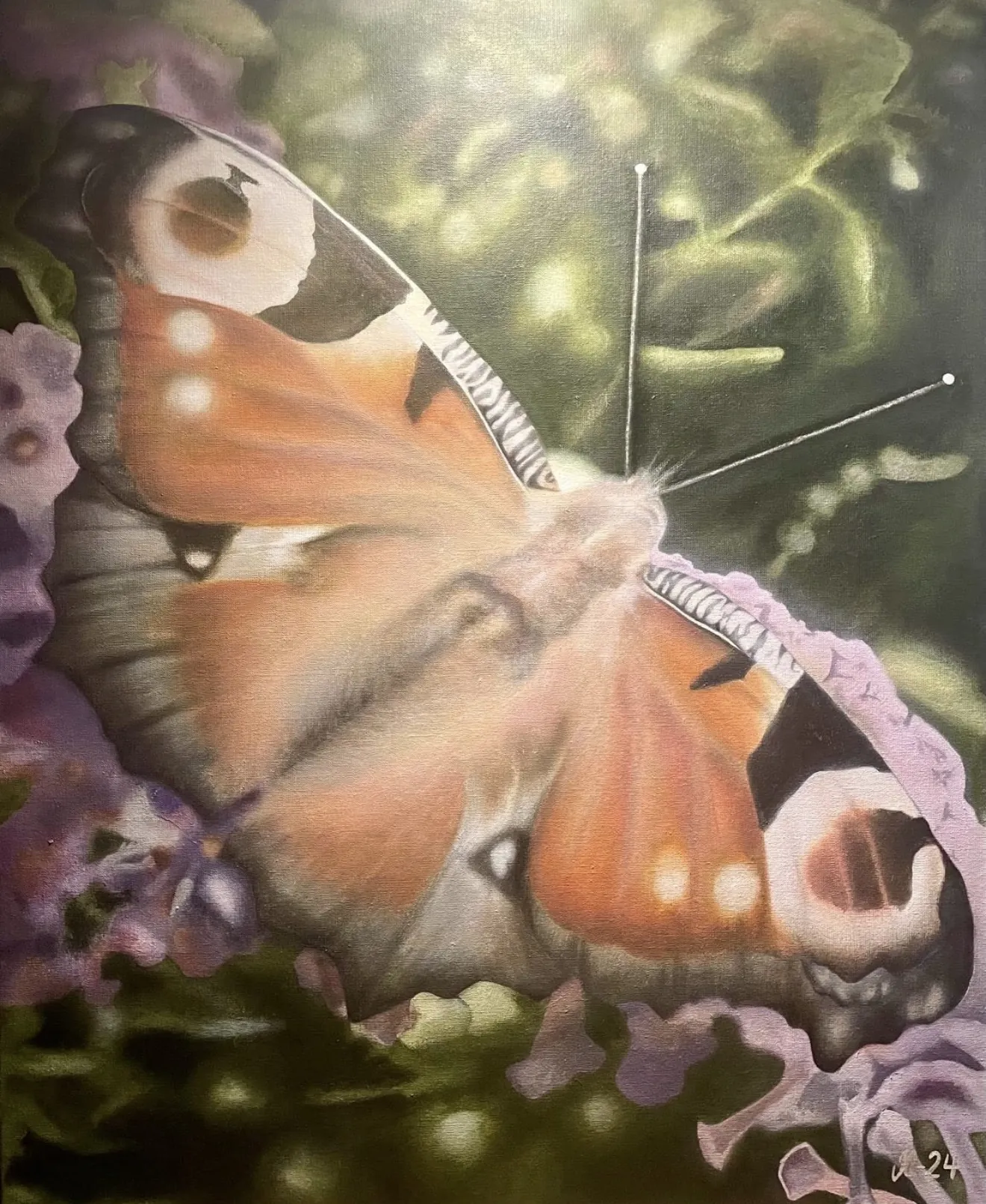 Painting of a vibrant butterfly among flowers